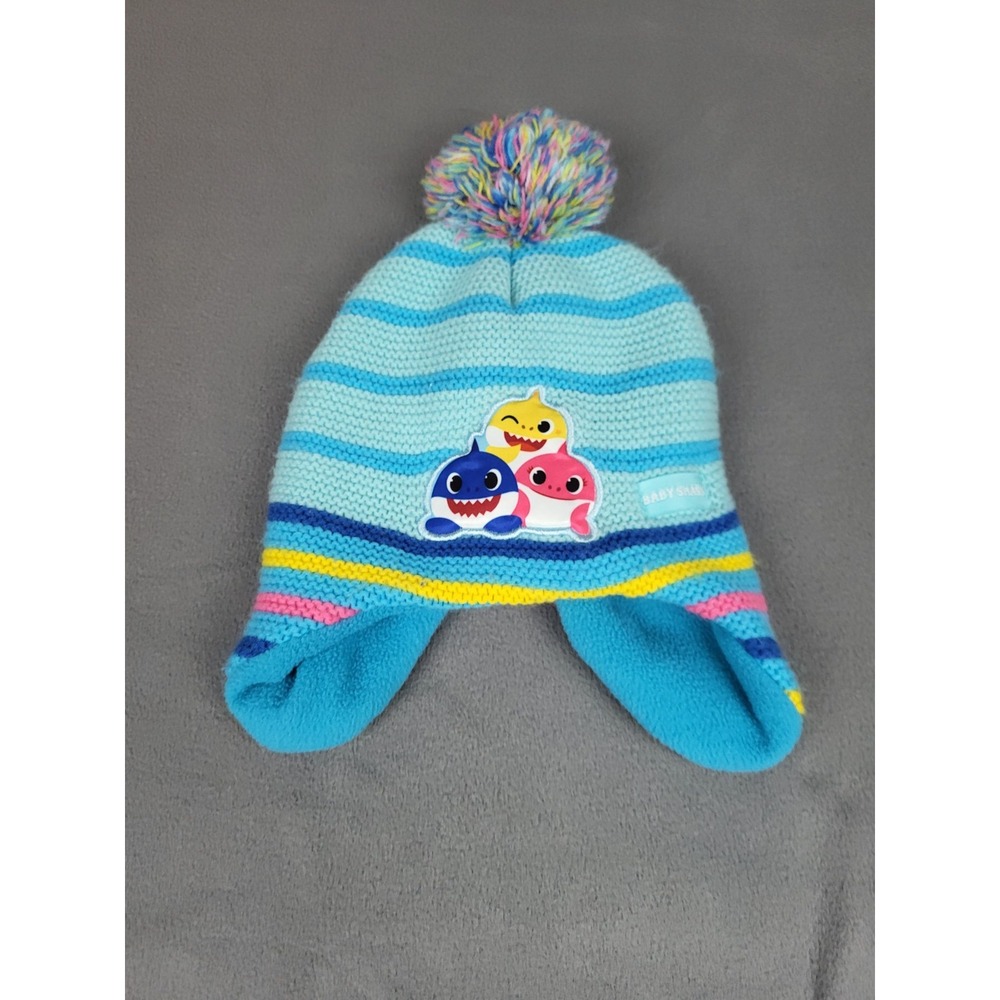 Baby Shark Beanie Kids One Size‎ Blue Cap Hat Skull Cap Ear Flap Knit Cute Pom